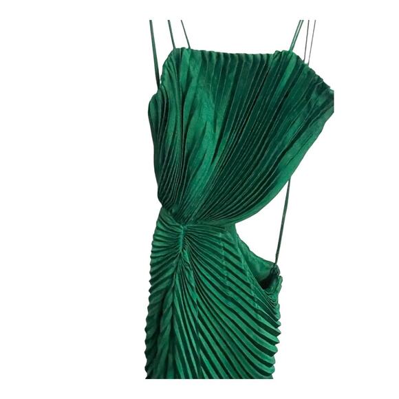 Alice + Olivia Fayeth Midi Dress Pleated Cut-Out Asymmetric Hem Emerald Size 2 - Picture 14 of 15